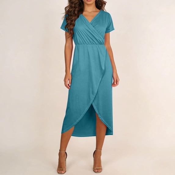 Mifsaly Womens Dresses for Wedding Guest V-Neck Short Sleeve Midi Wrap Dress High Waist Comfortable Flowy Semi Cocktail Party Gowns XL