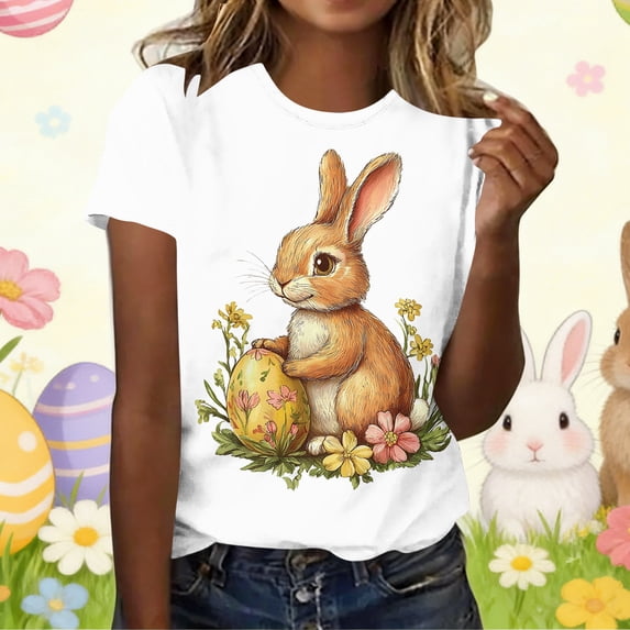 Mifsaly Womens Easter Shirt Cute Hugging Bunnies Print T-Shirt Crewneck Short Sleeve Cotton Blouses Loose Casual Summer Easter Outfit S