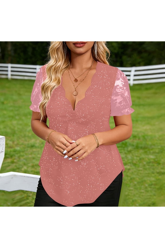 Womens Elegant Dressy Blouse Scalloped V Neck Short Sleeve Lace Trim Tops Textured Sparkly Summer Shirt Going Out Party Office Fashion Flattering Versatile Blouse M