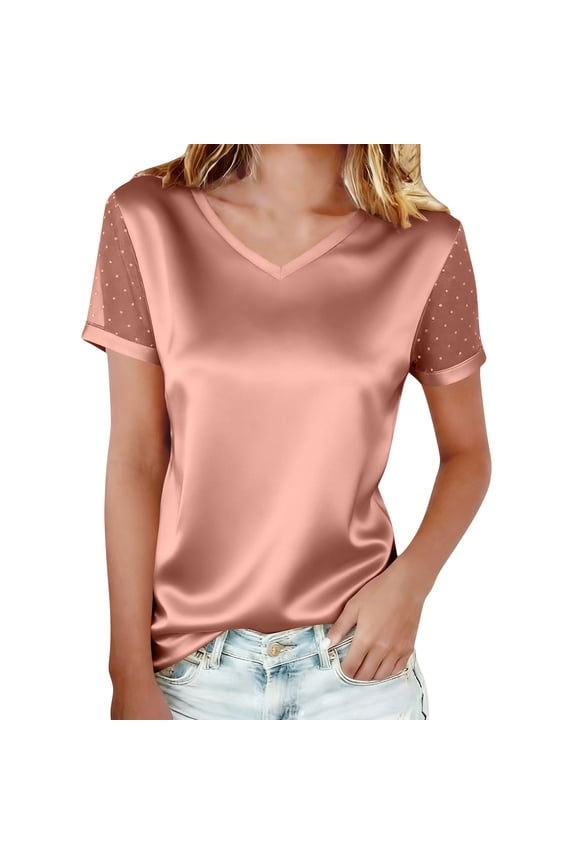 Womens Elegant Satin Blouse V Neck Short Sleeve Mesh Polka-Dot Patchwork Top Lightweight Summer Silk Shirt Work Office Going Out Party Flattering Fashion Tops XXL