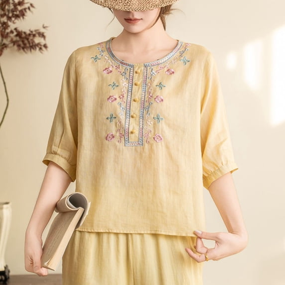 Mifsaly Womens Embroidered Tops 3/4 Sleeve V Neck Button Down Boho Linen Cotton Shirts Lightweight Loose Casual Summer Beach Vacation Travel Clothes Yellow,M