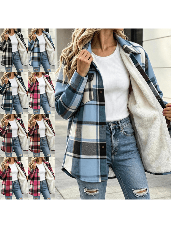 Womens Flannel Plaid Jacket Fleece Lined Button Down Lapel Shacket Classic Warm Fashion Fall Winter Outerwear with Pockets