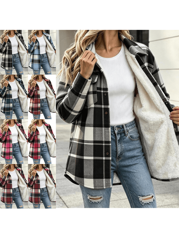Womens Flannel Plaid Jacket Fleece Lined Button Down Lapel Shacket Classic Warm Fashion Fall Winter Outerwear with Pockets