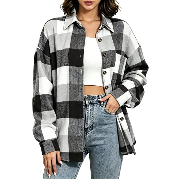 Mifsaly Womens Flannel Shirt Jacket Plaid Button Down Long Sleeve Shacket Boyfriend Fit Fall Fashion Outerwear with Pockets for Casual Daily Weekend Gray,XL