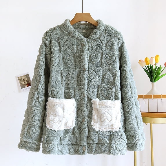 Mifsaly Womens Fleece Button Up Jacket Heart Pattern Textured Fuzzy Sherpa Jackets Thick Flannel Long Sleeve Cardigan Warm Cozy Loungewear Top with Pockets Green,M