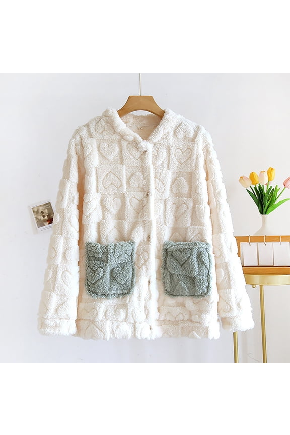 Womens Fleece Button Up Jacket Heart Pattern Textured Fuzzy Sherpa Jackets Thick Flannel Long Sleeve Cardigan Warm Cozy Loungewear Top with Pockets White,M