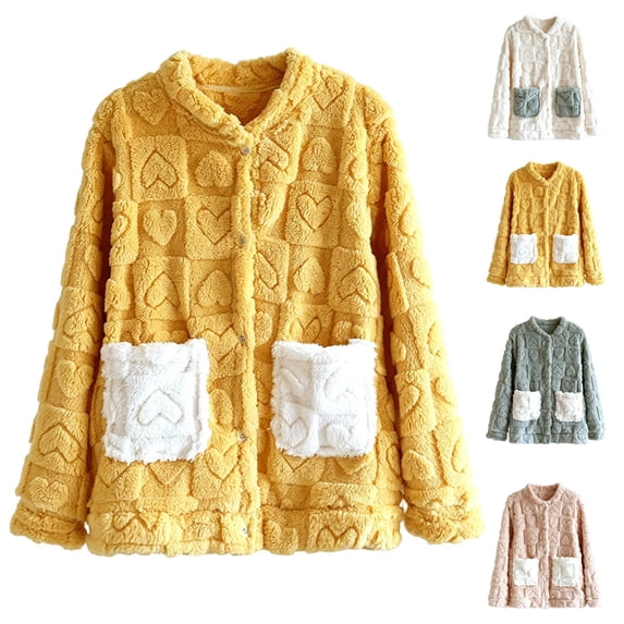 Mifsaly Womens Fleece Button Up Jacket Heart Pattern Textured Fuzzy Sherpa Jackets Thick Flannel Long Sleeve Cardigan Warm Cozy Loungewear Top with Pockets Yellow,M
