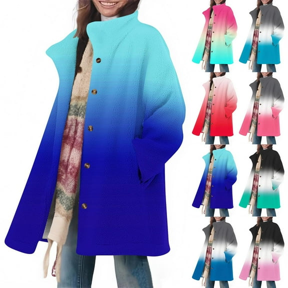 Mifsaly Womens Fleece Jacket Fuzzy Long Sleeve Warm Coats Gradient Color Lapel Collar Fall Winter Outerwear Open Front Button Down Thermal Jackets with Pockets
