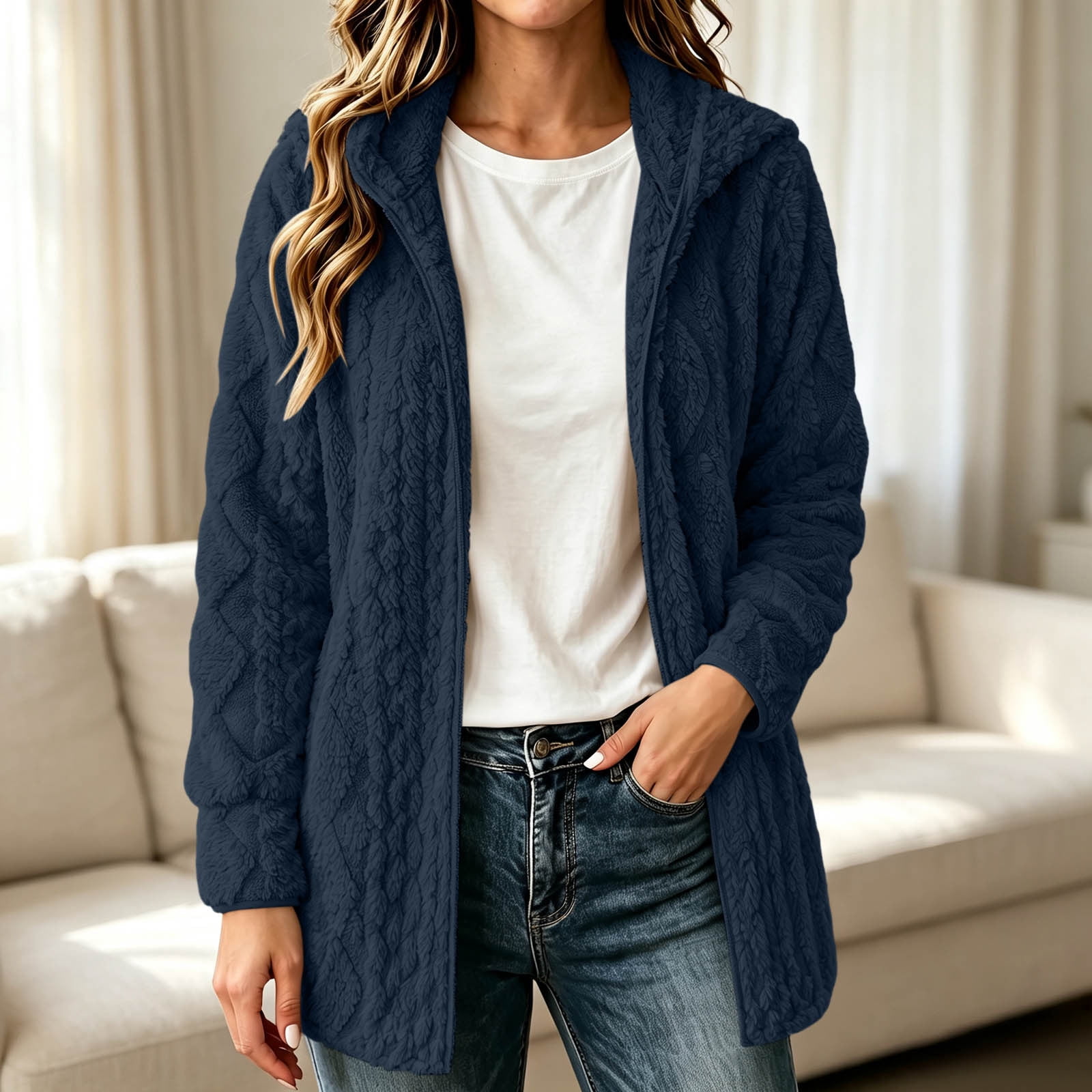 Mifsaly Womens Fleece Jacket Open Front Long Sleeve Hooded Casual Cozy ...