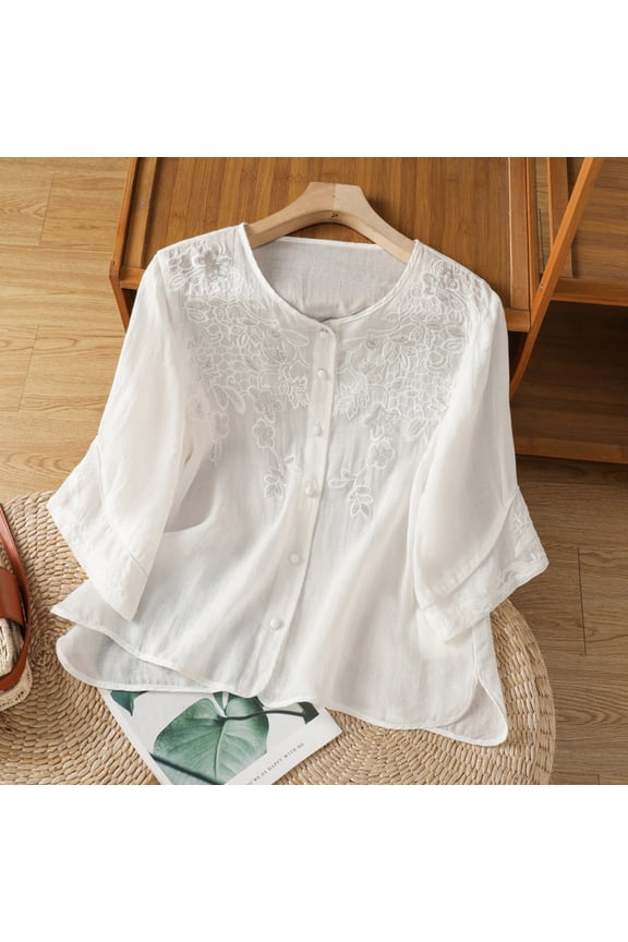 Womens Floral Embroidered Button Down Blouse 3/4 Sleeve Crewneck Cotton Linen Shirts Lightweight Flowy Ethnic Style Boho Tunic Summer Tops White,M