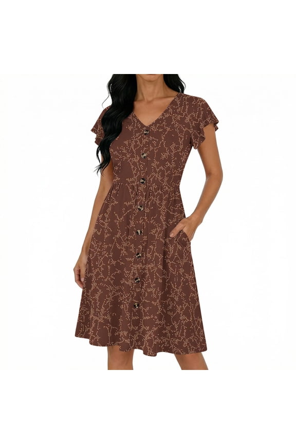 Womens Floral Print Summer Dresses V Neck Short Ruffle Sleeve Button Down A-Line Midi Dress High Waisted Flowy Boho Sundress with Pockets Brown,XXL