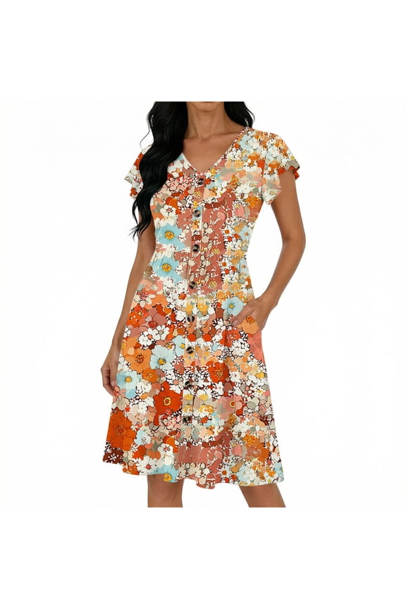 Womens Floral Print Summer Dresses V Neck Short Ruffle Sleeve Button Down A-Line Midi Dress High Waisted Flowy Boho Sundress with Pockets Orange,S