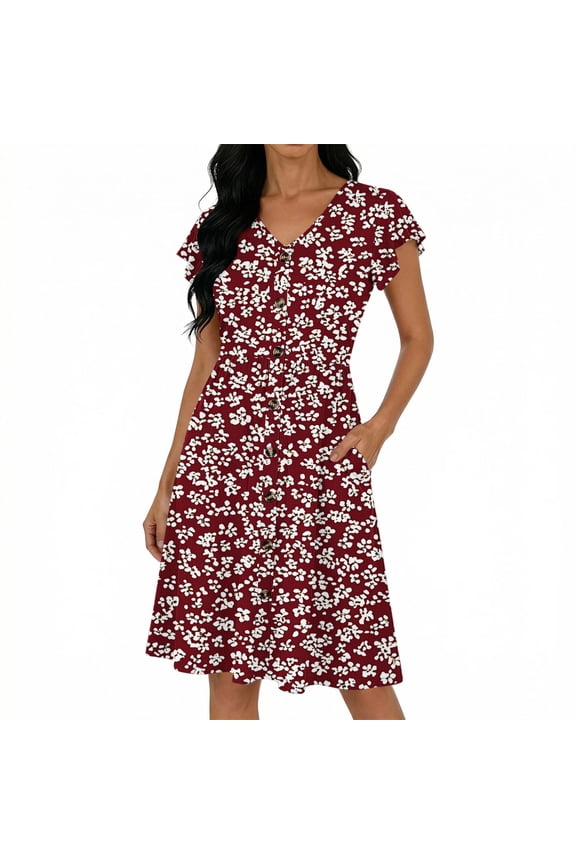 Womens Floral Print Summer Dresses V Neck Short Ruffle Sleeve Button Down A-Line Midi Dress High Waisted Flowy Boho Sundress with Pockets Red,XXL