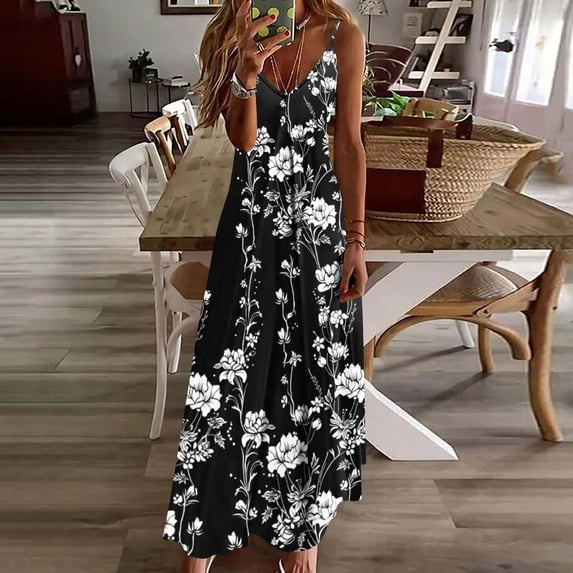 Mifsaly Womens Flowy Dress Long Sleeveless Spaghetti Straps Cotton Summer Dresses Flowy Comfortable Everyday Vacation Sundress XL