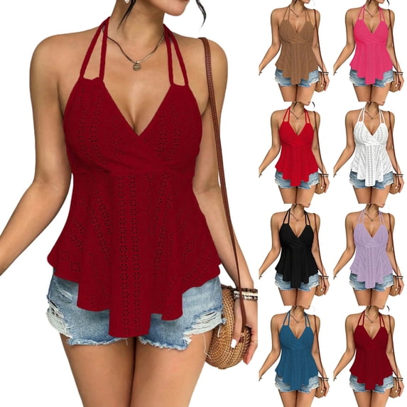 Mifsaly Womens Flowy Halter Top Eyelet Embroidery V Neck Sleeveless Backless Cami Shirts Beach Party Vacation Flattering Peplum Hem Summer Tank Tops Wine,XS