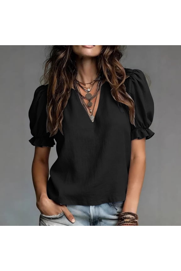 Womens Flutter Sleeve Blouses Elegant V Neck Ruffle Trim Shirts Comfortable Loose Fit Summer Boho Tops Black,L