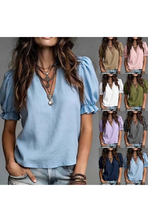 Womens Flutter Sleeve Blouses Elegant V Neck Ruffle Trim Shirts Comfortable Loose Fit Summer Boho Tops Light Blue,L
