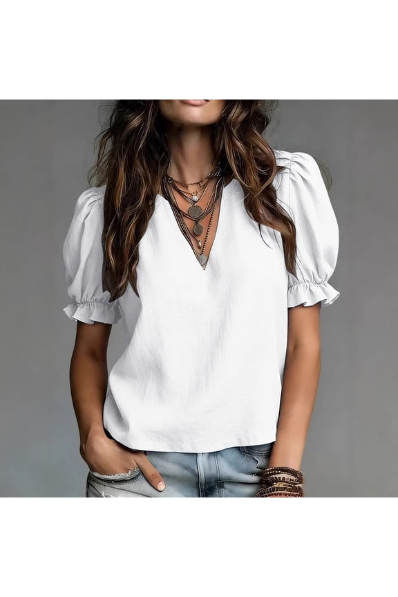 Womens Flutter Sleeve Blouses Elegant V Neck Ruffle Trim Shirts Comfortable Loose Fit Summer Boho Tops White,XXL