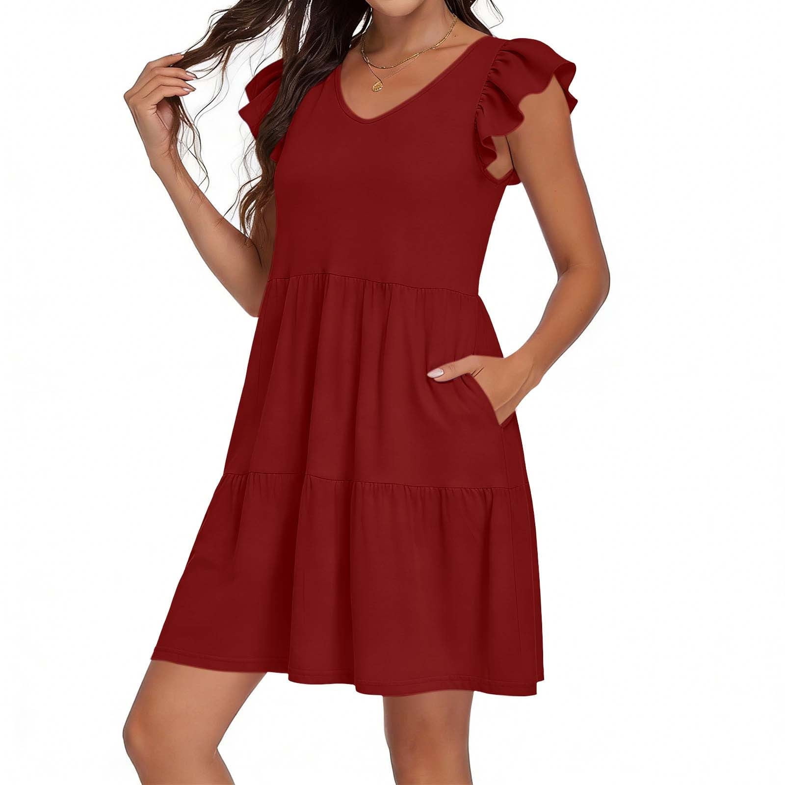 cute loose dresses Mifsaly Womens Flutter Sleeve Tiered Dress V Neck High Waist A-Line Cute  Flowy Dresses Summer Casual Solid Color Loose Fit Mini Sundress with  Pockets Red,M