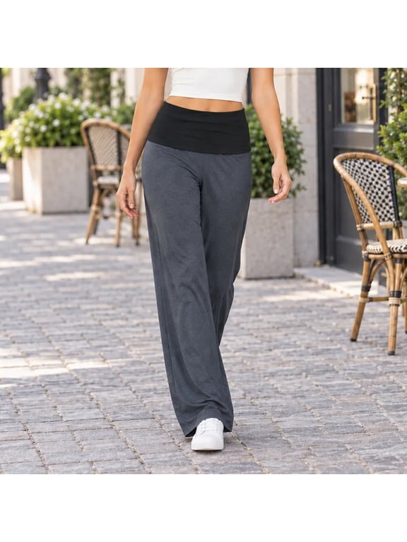 Womens Fold Over Waist Yoga Pants Wide Leg Full Length Casual Lounge Trousers Contrast Waistband Relaxed Fit Bottoms for Pilates Walking Travel and Everyday Gray,S