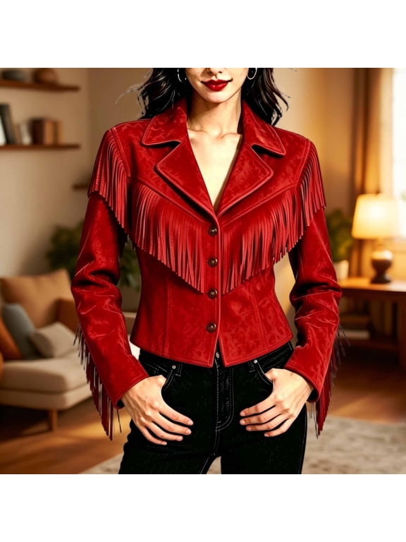 Womens Fringe Jacket Faux Suede Western Coat Long Sleeve Button Front Notched Lapel and Tassel Detail Cropped Cowboy Style Outerwear for Concerts and Fall Red,M
