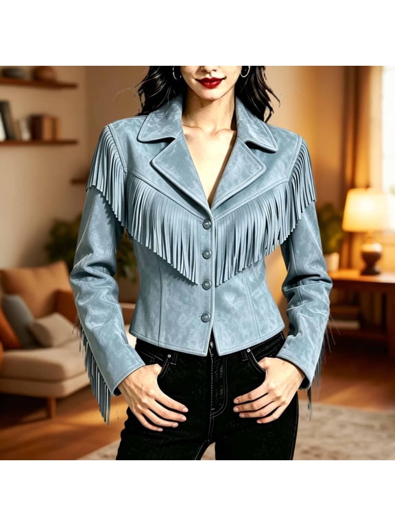 Womens Fringe Jacket Faux Suede Western Coat Long Sleeve Button Front Notched Lapel and Tassel Detail Cropped Cowboy Style Outerwear for Concerts and Fall Light Blue,M