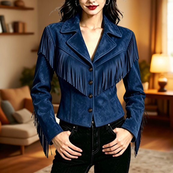 Mifsaly Womens Fringe Jacket Faux Suede Western Coat Long Sleeve Button Front Notched Lapel and Tassel Detail Cropped Cowboy Style Outerwear for Concerts and Fall Blue,2XL