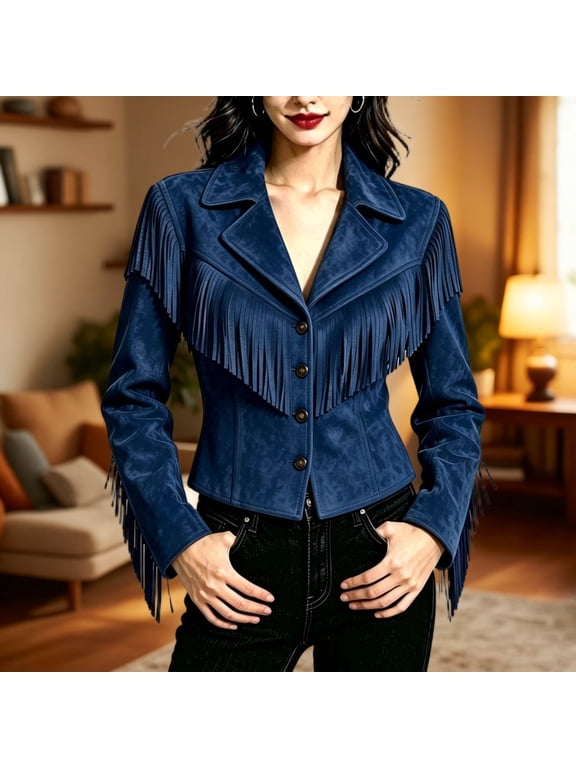 Womens Fringe Jacket Faux Suede Western Coat Long Sleeve Button Front Notched Lapel and Tassel Detail Cropped Cowboy Style Outerwear for Concerts and Fall Blue,2XL