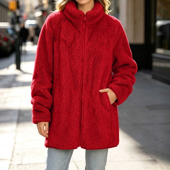 Mifsaly Womens Fuzzy Fleece Jacket Full Zip Collared Sherpa Coat Warm Lounge Fall Winter Outerwear Fashion Everyday Wear with Pockets