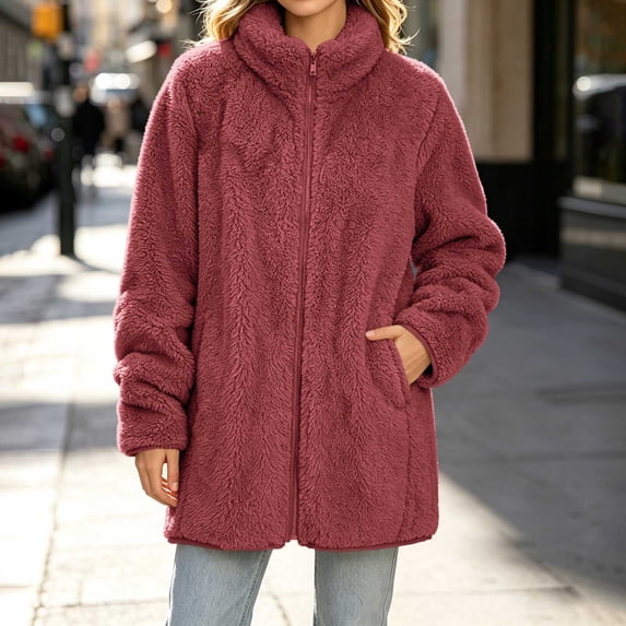 Mifsaly Womens Fuzzy Fleece Jacket Full Zip Collared Sherpa Coat Warm Lounge Fall Winter Outerwear Fashion Everyday Wear with Pockets