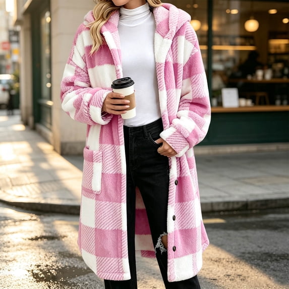 Mifsaly Womens Fuzzy Fleece Long Jacket Plaid Hooded Flannel Shacket Button Down Fall Winter Warm Daily Going Out Vacation Outfits with Pockets