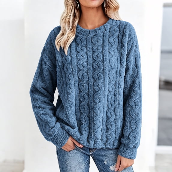 Mifsaly Womens Fuzzy Fleece Sweatshirt Crewneck Long Sleeve Cable Knit Pullover Sweater Textured Loose Fit Fall Winter Warm Clothes Blue,Free Size