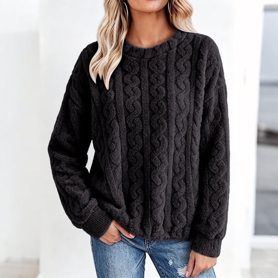 Mifsaly Womens Fuzzy Fleece Sweatshirt Crewneck Long Sleeve Cable Knit Pullover Sweater Textured Loose Fit Fall Winter Warm Clothes Dark Gray,Free Size