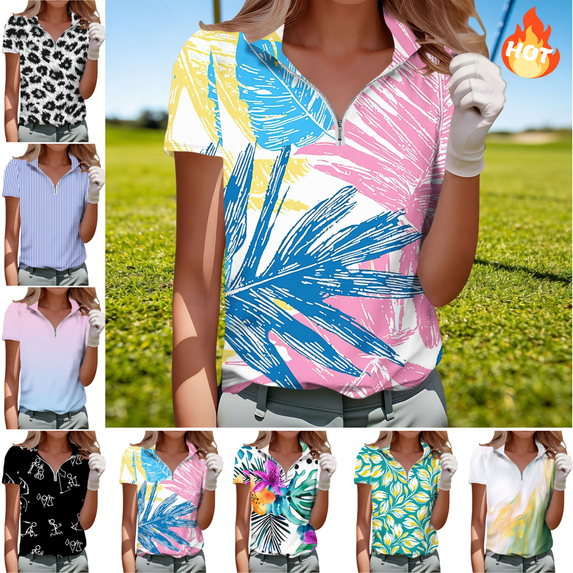 Mifsaly Womens Golf Shirts Short Sleeve Quarter Zip V Neck Athletic Top Abstract Print Tennis Running Cotton T-Shirt Breathable Workwear 2026 M