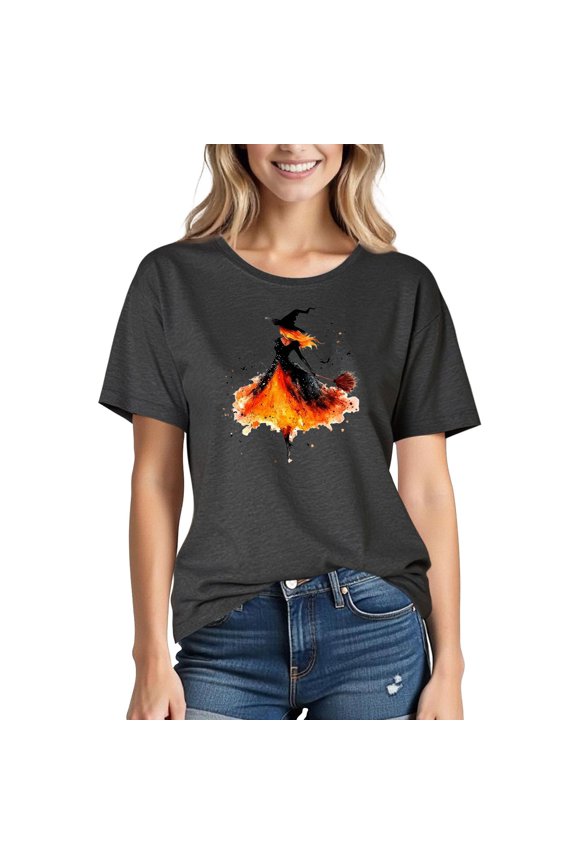 Womens Graphic T-Shirt Magic Watercolor Witch and Broom Print Crewneck Short Sleeve Top Halloween Party Trick-Or-Treat Casual Fall Festival Apparel Black,L