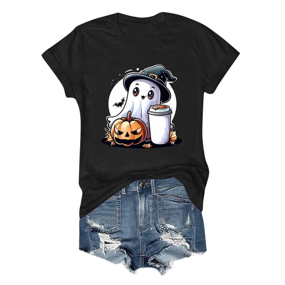 Mifsaly Womens Halloween Graphic T-Shirts Cute Ghost Family Witch Hat Pumpkin Print Crewneck Short Sleeve Tops Comfortable Loose Party Casual Fall Cotton Shirts Black,XXL