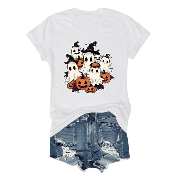 Mifsaly Womens Halloween Graphic T-Shirts Cute Ghost Family Witch Hat Pumpkin Print Crewneck Short Sleeve Tops Comfortable Loose Party Casual Fall Cotton Shirts White,L