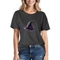 thumbnail image 1 of Mifsaly Womens Halloween Graphic T-Shirts Floral Witch Hat Print Crew Neck Short Sleeve Cotton Tops Casual Fall Festival Holiday Party Costume Tee Black,XXL, 1 of 3