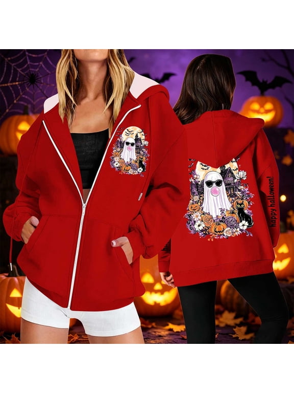 Womens Halloween Hoodie Funny Spooky Ghost Graphic Full Up Hooded Sweatshirt Novelty Long Sleeve Holiday Party Fall Sweatshirt Jacket with Pockets Red,S