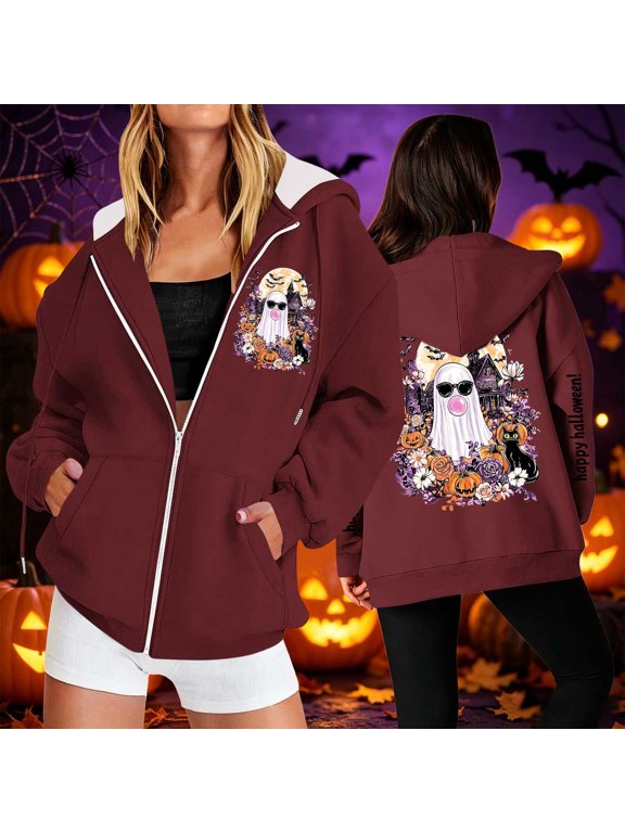 Womens Halloween Hoodie Funny Spooky Ghost Graphic Full Up Hooded Sweatshirt Novelty Long Sleeve Holiday Party Fall Sweatshirt Jacket with Pockets Wine,M