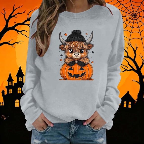 Mifsaly Womens Halloween Sweatshirt Cute Cartoon Cow Pumpkin Graphic Sweaters Long Sleeve Soft Comfortable Loose Fit Pullover Top