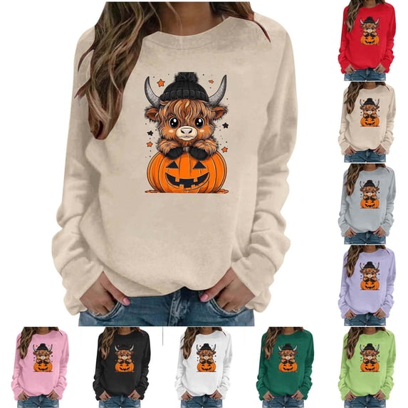 Mifsaly Womens Halloween Sweatshirt Cute Cartoon Cow Pumpkin Graphic Sweaters Long Sleeve Soft Comfortable Loose Fit Pullover Top