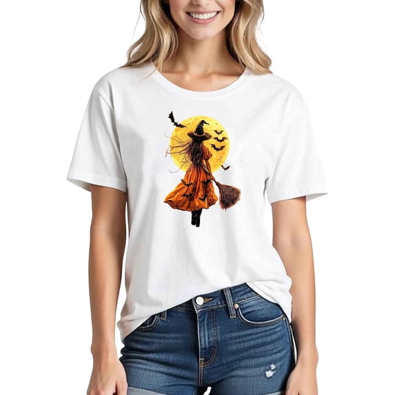 Mifsaly Womens Halloween T-Shirts Witch with Broom and Glowing Full Moon Print Crewneck Short Sleeve Tops Fall Festival Party Casual Shirts White,M