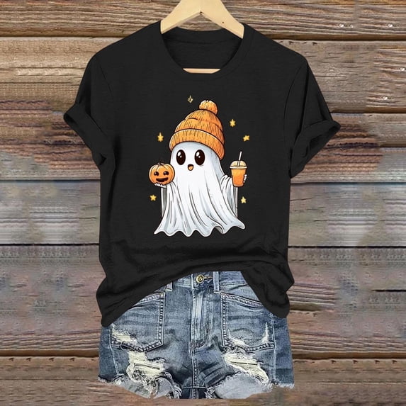 Mifsaly Womens Halloween Tshirt Funny Ghost Pumpkin Graphic Shirts Casual Short Sleeve Holiday Vacation Pullover Tops Black,L