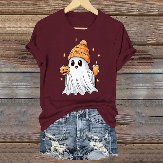 Mifsaly Womens Halloween Tshirt Funny Ghost Pumpkin Graphic Shirts Casual Short Sleeve Holiday Vacation Pullover Tops Coffee,L