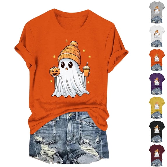 Mifsaly Womens Halloween Tshirt Funny Ghost Pumpkin Graphic Shirts Casual Short Sleeve Holiday Vacation Pullover Tops Orange,L
