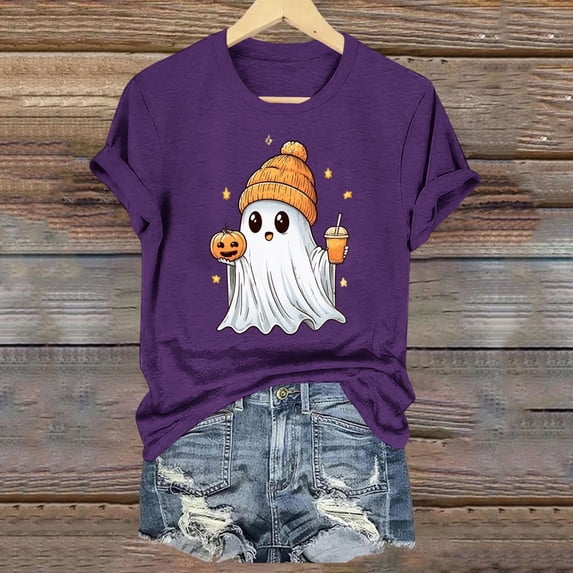 Mifsaly Womens Halloween Tshirt Funny Ghost Pumpkin Graphic Shirts Casual Short Sleeve Holiday Vacation Pullover Tops Purple,XL
