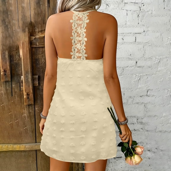 Mifsaly Womens Halter Mini Dress V Neck Sleeveless Racerback Lace Detail Tank Dresses Textured Summer Beach Vacation Sundresses 2026 Khaki,L