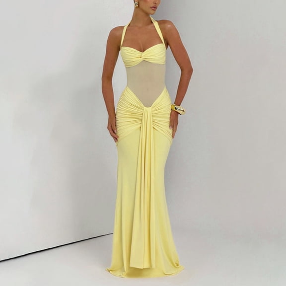 Mifsaly Womens Halter Neck Bodycon Dresses Maxi Mesh Patchwork Party Club Dress Sleeveless Elegant Going Out Date Evening Gowns S