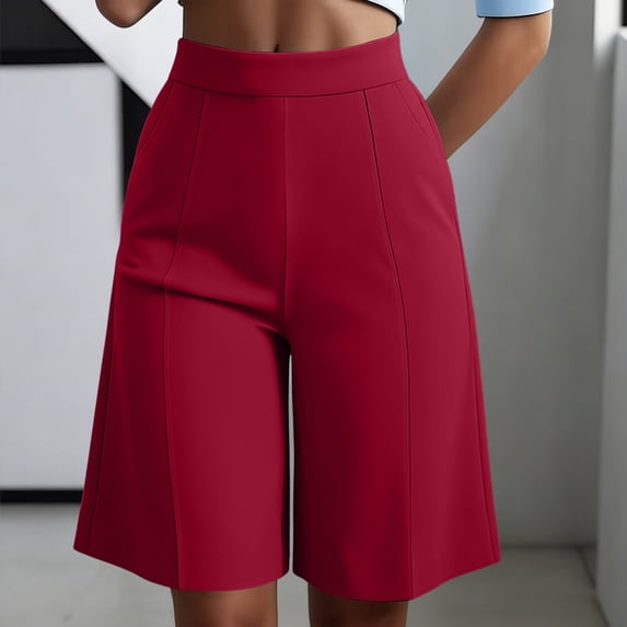 Mifsaly Womens High Waisted Bermuda Shorts Tailored Wide Leg Dress Shorts with Pockets Elegant Pleated Summer Business Casual Work Office Outfits Red,XL